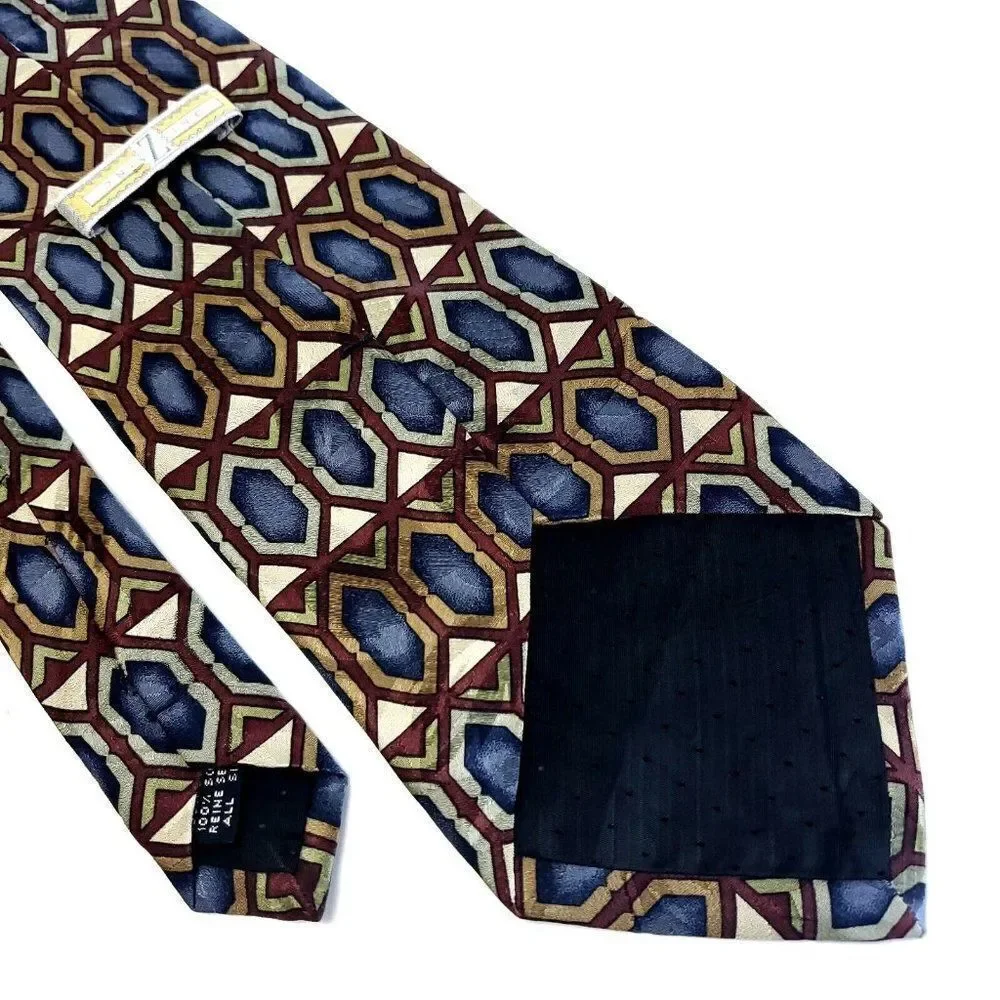 Z. Inc Blue‎ Tan Jacquard Geometric Print Wide Silk Tie